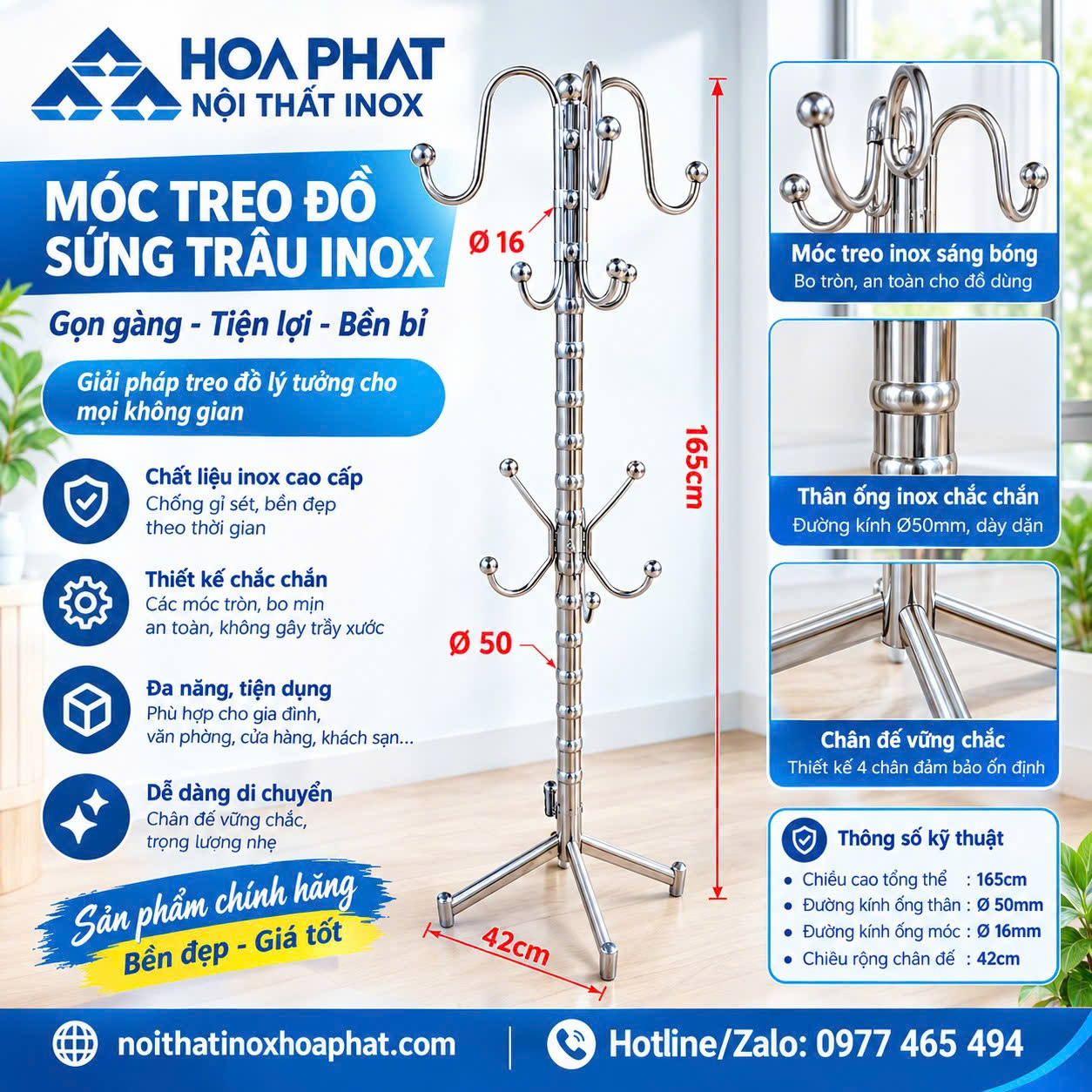 Cây Treo Quần Áo Inox Thân Trúc Đa Năng Hình Sừng Trâu CT02 cay-treo-quan-ao-inox-than-truc